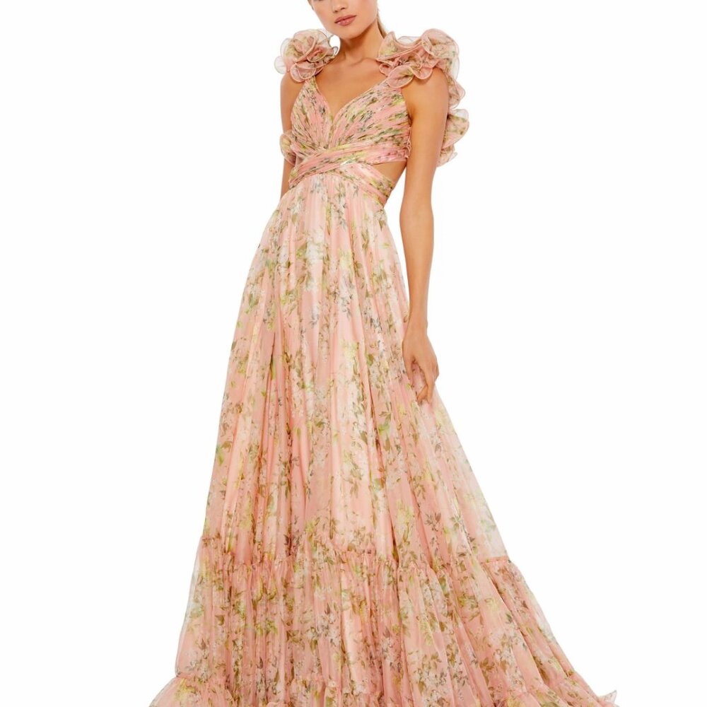 NWT Mac Duggal Indy A-Line Ruffled Back-Lace Chiffon Gown Size 6